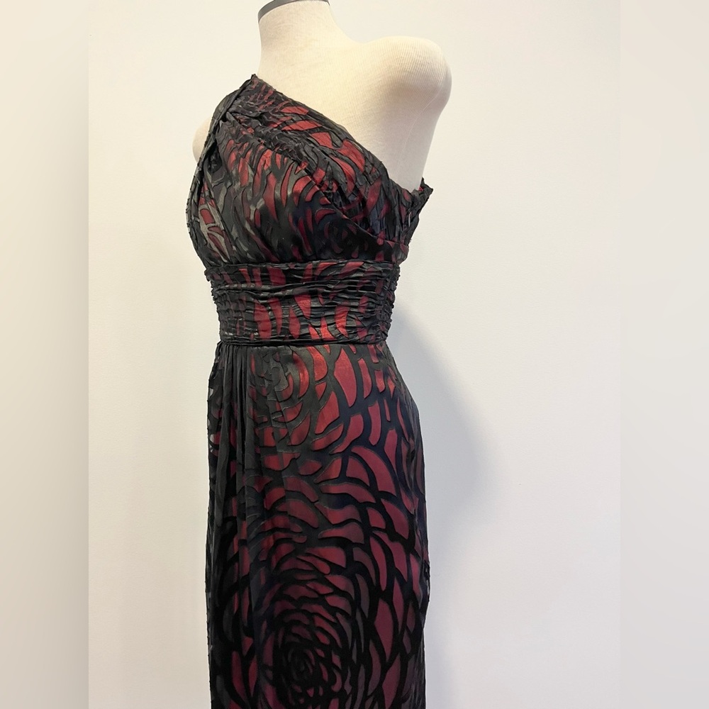 Le Chateau One-Shoulder Black Red Midi Silk Evening Cocktail Prom Formal Dress - Picture 6 of 16